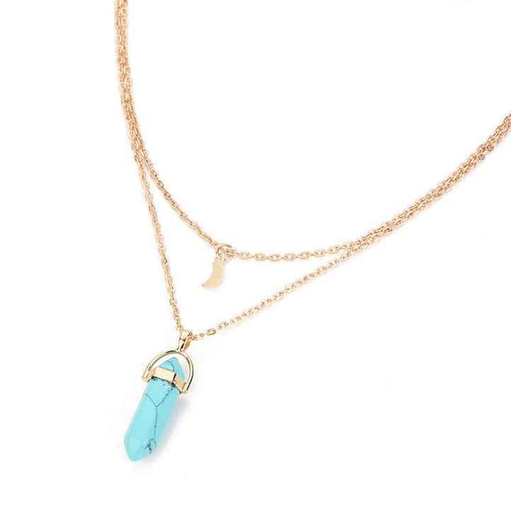 Turquoise Natural stone glass hexagonal necklace necklace European and American fashion double moon moon crescent bullets pendulum pendant necklace 1359486606661 Print Material
