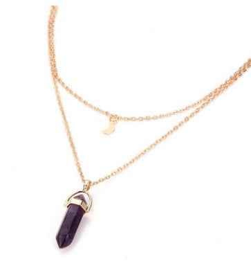 Purple Natural stone glass hexagonal necklace necklace European and American fashion double moon moon crescent bullets pendulum pendant necklace 2586557323277 Print Material