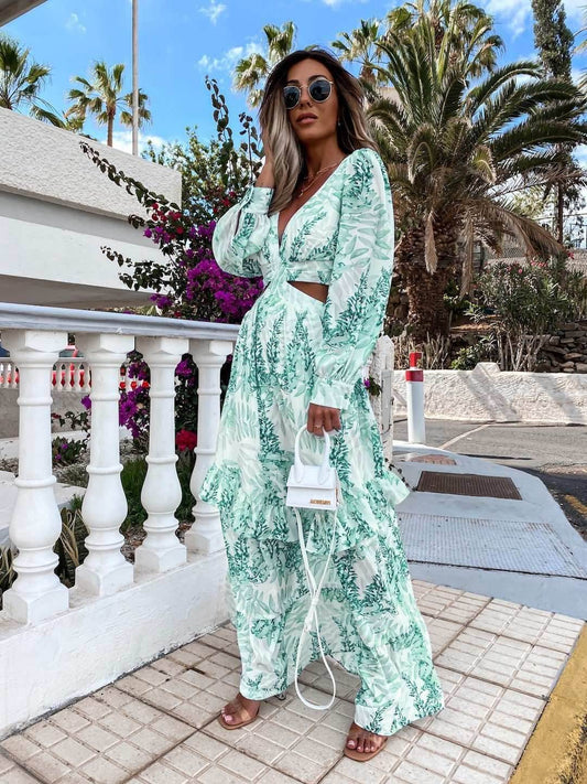 Green Elegant Women's Hollow Floor V-neck Long-sleeved Plant Dress Long Dresses Spring Summer Print V-neck Long Sleeve Dress cf4794cd-d86b-4f21-9aff-4c241ff61ea0-_2