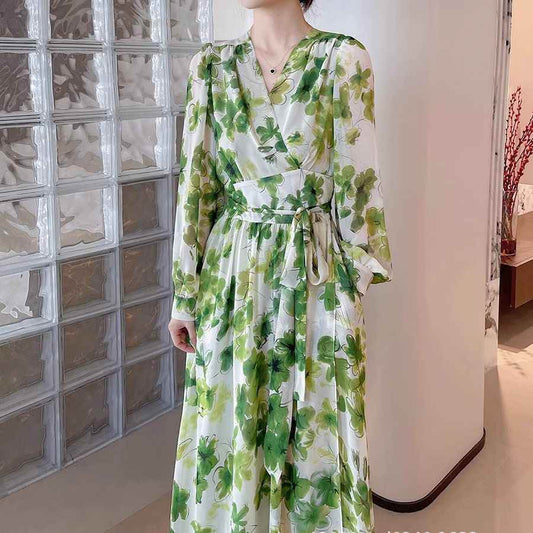 Plus Size French Spring And Autumn Green Shivering V-neck Long Sleeve Waist Slimming Women's Elegant Dress dd277215-666d-42be-b033-ea76d6bda8a0 Print Material