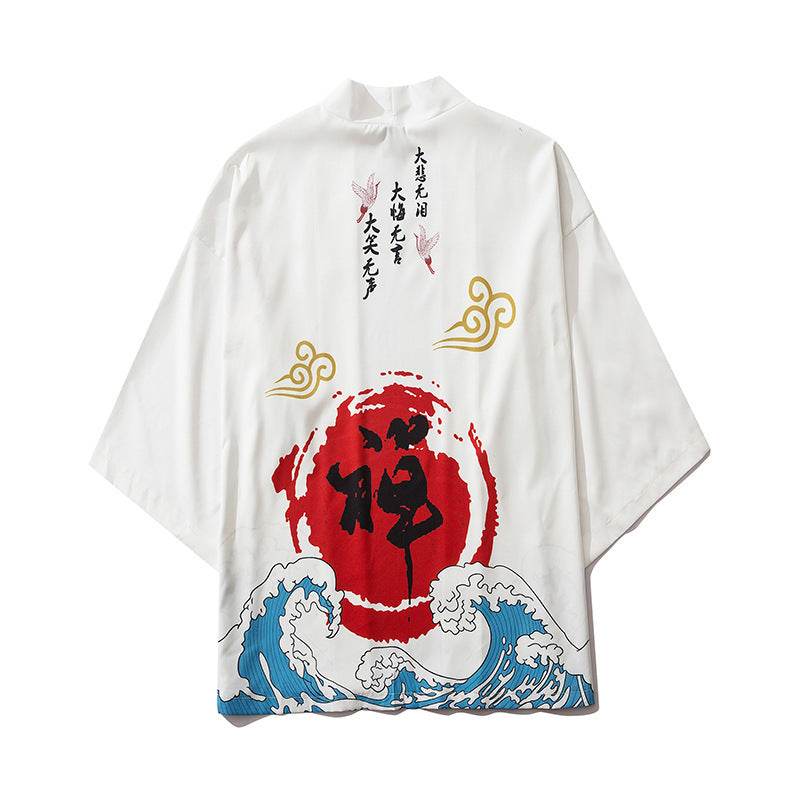 White Printed Japanese Kimono Men's And Women's Cloak Jacket Road Robe Pajamas Cardigan ea186751-361a-4493-be23-91ee587344f9