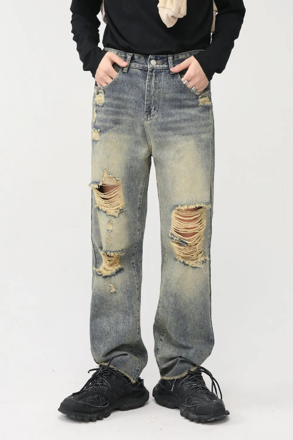 BOSS MANGO - Distressed Mid Rise Jeans with Pockets