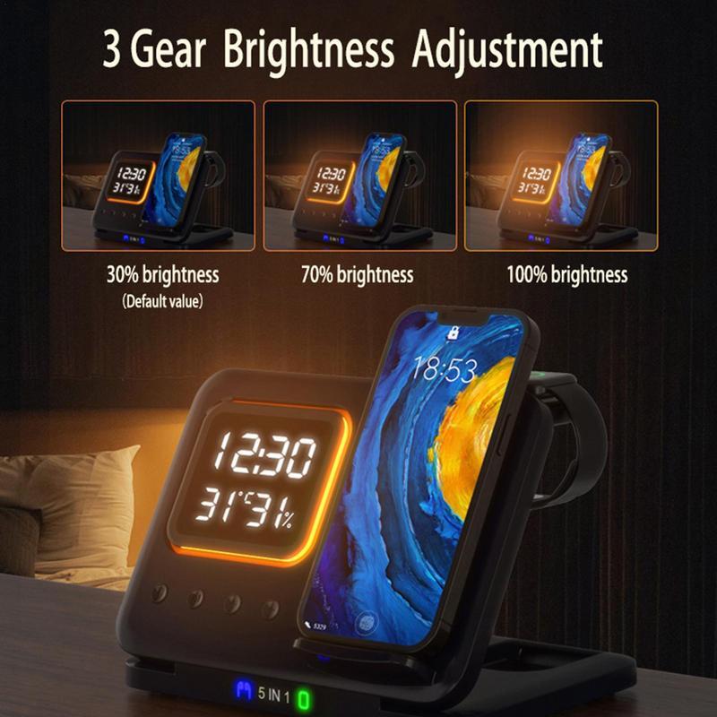 15W Wireless Chargers Stand 5 In1 LED Digital Alarm Clock Fast Charging Dock Station - BOSS MANGO