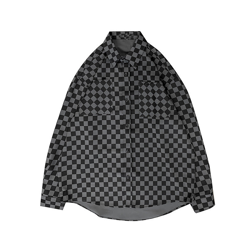 Checkerboard Men's Long-sleeved Spring Japanese Loose Coat Shirt - BOSS MANGO