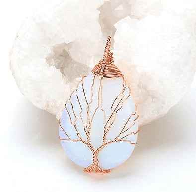 White Natural Quartz Opal Stone Pendants Handmade Rose Gold Color Handmade Tree of Life Wrapped Drop Shaped Crystal Pendant Necklace 11801624031148 Print Material