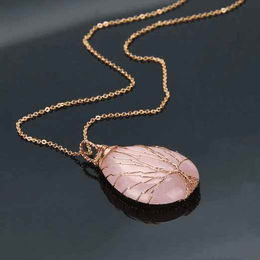 Natural Quartz Opal Stone Pendants Handmade Rose Gold Color Handmade Tree of Life Wrapped Drop Shaped Crystal Pendant Necklace 1258468000801 Print Material