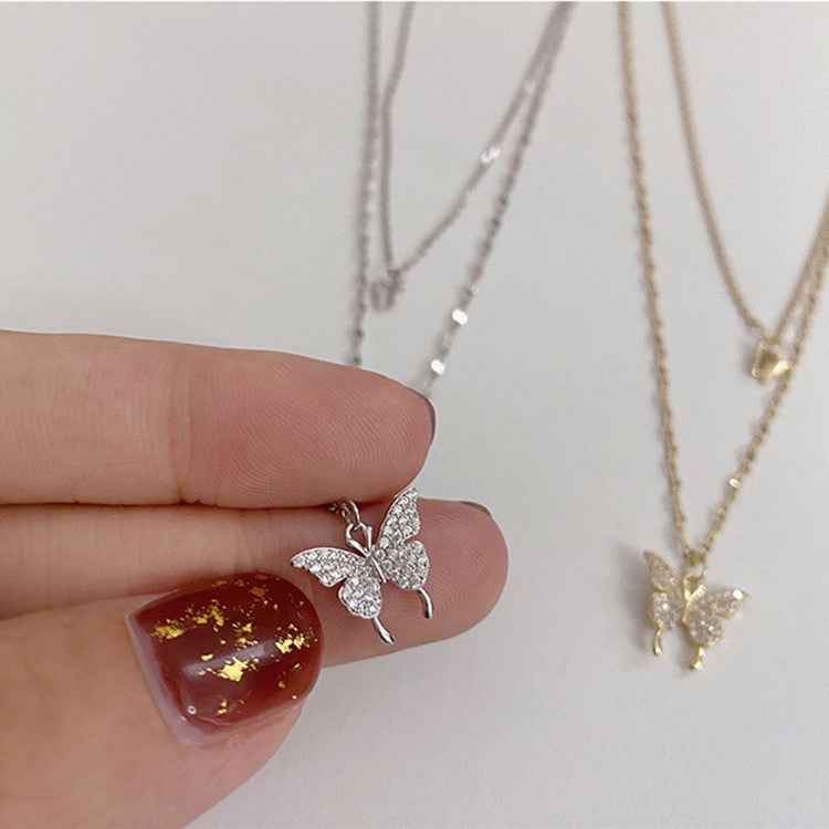 Fashion Jewelry Elegant Silver Color Shiny Butterfly Necklaces Ladies Exquisite Double Layer Clavicle Chain Necklace Jewelry Gift - BOSS MANGO