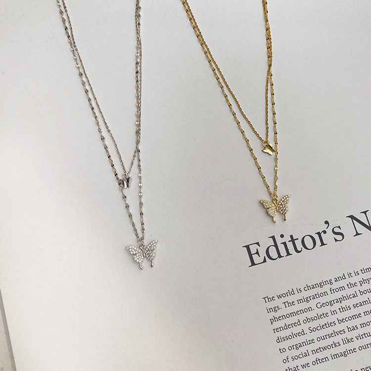 Fashion Jewelry Elegant Silver Color Shiny Butterfly Necklaces Ladies Exquisite Double Layer Clavicle Chain Necklace Jewelry Gift - BOSS MANGO