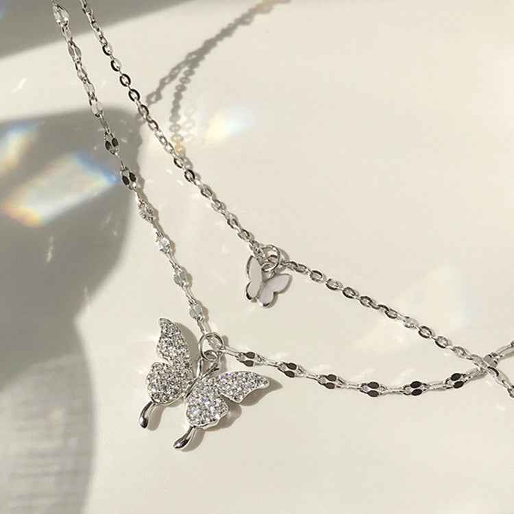 Fashion Jewelry Elegant Silver Color Shiny Butterfly Necklaces Ladies Exquisite Double Layer Clavicle Chain Necklace Jewelry Gift - BOSS MANGO