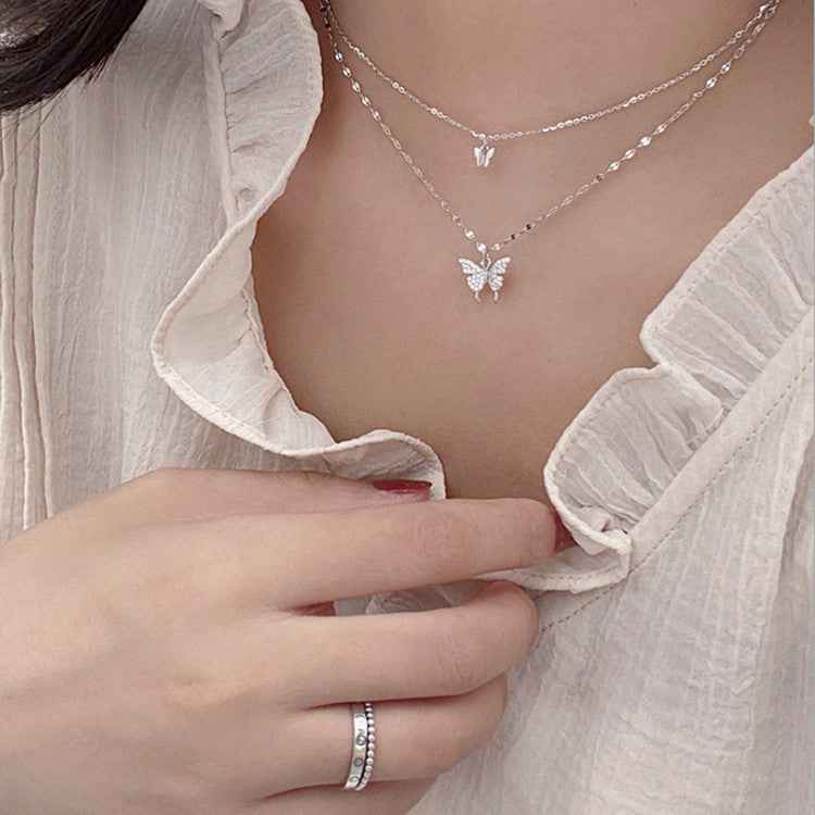 Fashion Jewelry Elegant Silver Color Shiny Butterfly Necklaces Ladies Exquisite Double Layer Clavicle Chain Necklace Jewelry Gift - BOSS MANGO