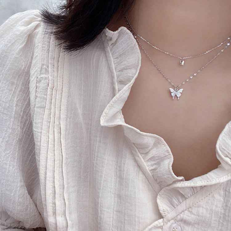 Fashion Jewelry Elegant Silver Color Shiny Butterfly Necklaces Ladies Exquisite Double Layer Clavicle Chain Necklace Jewelry Gift - BOSS MANGO