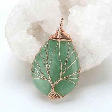 Green Natural Quartz Opal Stone Pendants Handmade Rose Gold Color Handmade Tree of Life Wrapped Drop Shaped Crystal Pendant Necklace 1676860855662 Print Material