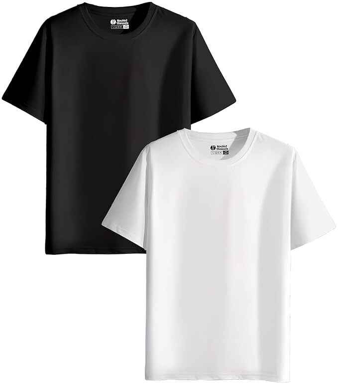 Round Neck T-Shirt (Black & White, S) (Pack of 2)