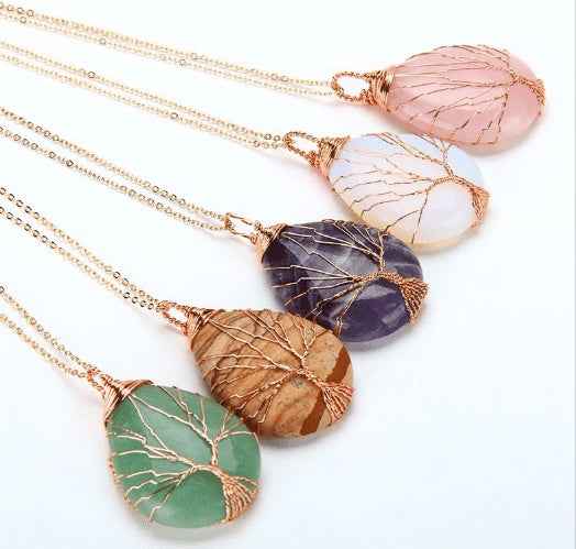 Natural Quartz Opal Stone Pendants Handmade Rose Gold Color Handmade Tree of Life Wrapped Drop Shaped Crystal Pendant Necklace