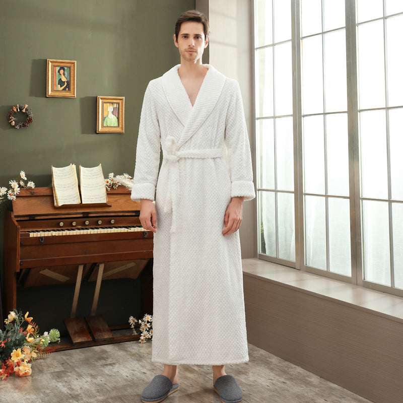 Autumn and winter extended thick couple bathrobe flannel waist cinched nightgown women's long sleepwear men's home clothes - BOSS MANGO