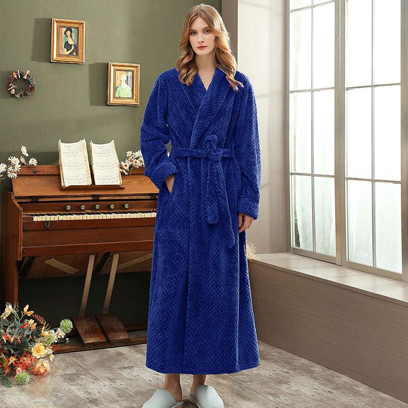 Autumn and winter extended thick couple bathrobe flannel waist cinched nightgown women's long sleepwear men's home clothes - BOSS MANGO