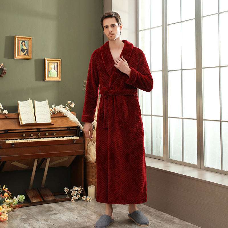 Autumn and winter extended thick couple bathrobe flannel waist cinched nightgown women's long sleepwear men's home clothes - BOSS MANGO