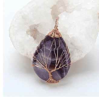 Purple Natural Quartz Opal Stone Pendants Handmade Rose Gold Color Handmade Tree of Life Wrapped Drop Shaped Crystal Pendant Necklace 2021141320643 Print Material