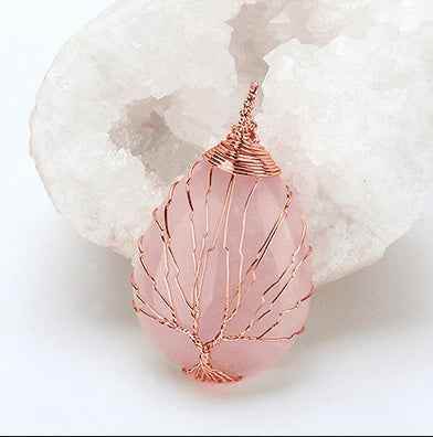 Pink Natural Quartz Opal Stone Pendants Handmade Rose Gold Color Handmade Tree of Life Wrapped Drop Shaped Crystal Pendant Necklace 2513241714279 Print Material