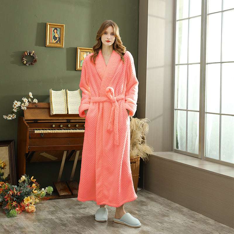 Autumn and winter extended thick couple bathrobe flannel waist cinched nightgown women's long sleepwear men's home clothes - BOSS MANGO