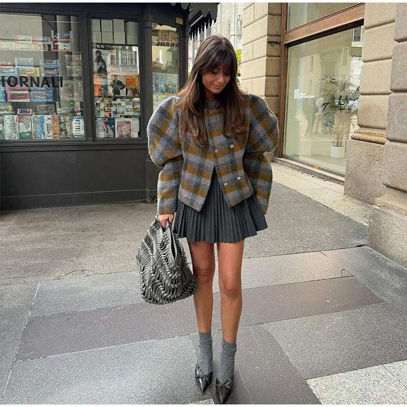 Autumn women's jacket with elegant retro style imitating wool plaid double breasted jacket