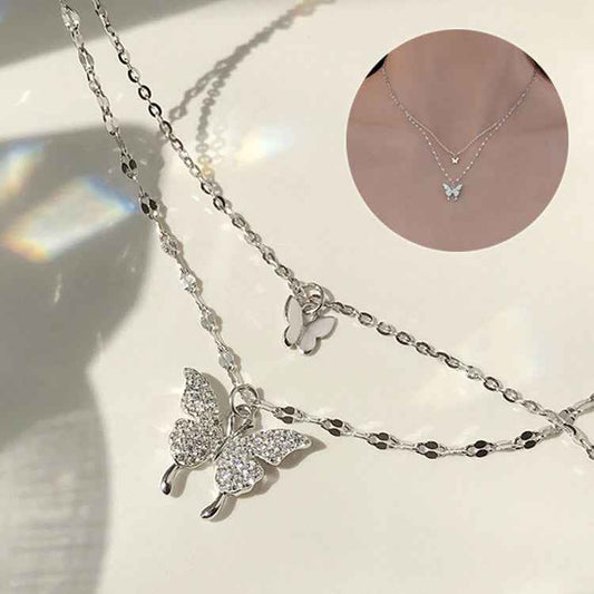 Fashion Jewelry Elegant Silver Color Shiny Butterfly Necklaces Ladies Exquisite Double Layer Clavicle Chain Necklace Jewelry Gift - BOSS MANGO