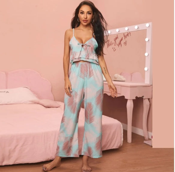 V-neck Sling Print Comfortable Pajama Set - BOSS MANGO