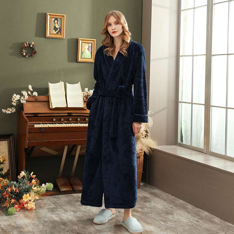 Autumn and winter extended thick couple bathrobe flannel waist cinched nightgown women's long sleepwear men's home clothes - BOSS MANGO