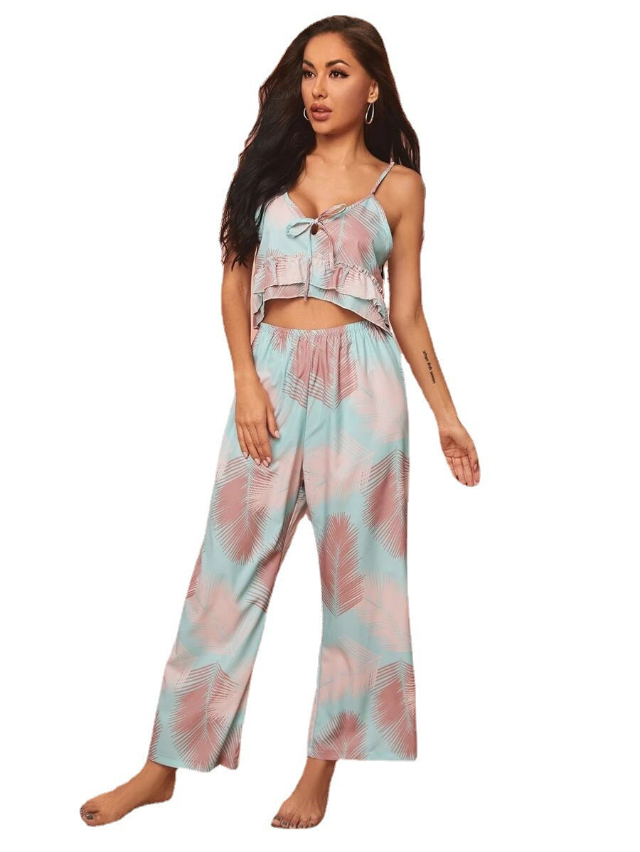 V-neck Sling Print Comfortable Pajama Set - BOSS MANGO