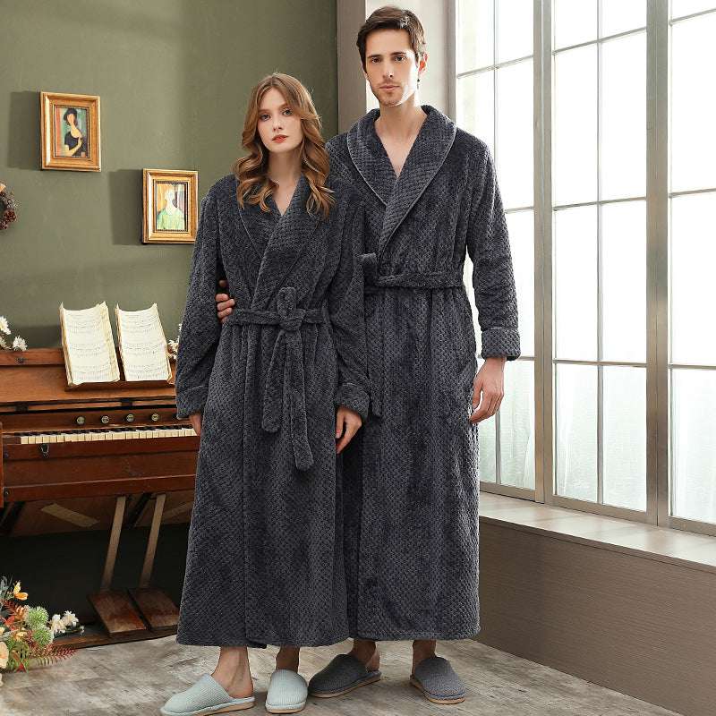 Autumn and winter extended thick couple bathrobe flannel waist cinched nightgown women's long sleepwear men's home clothes - BOSS MANGO