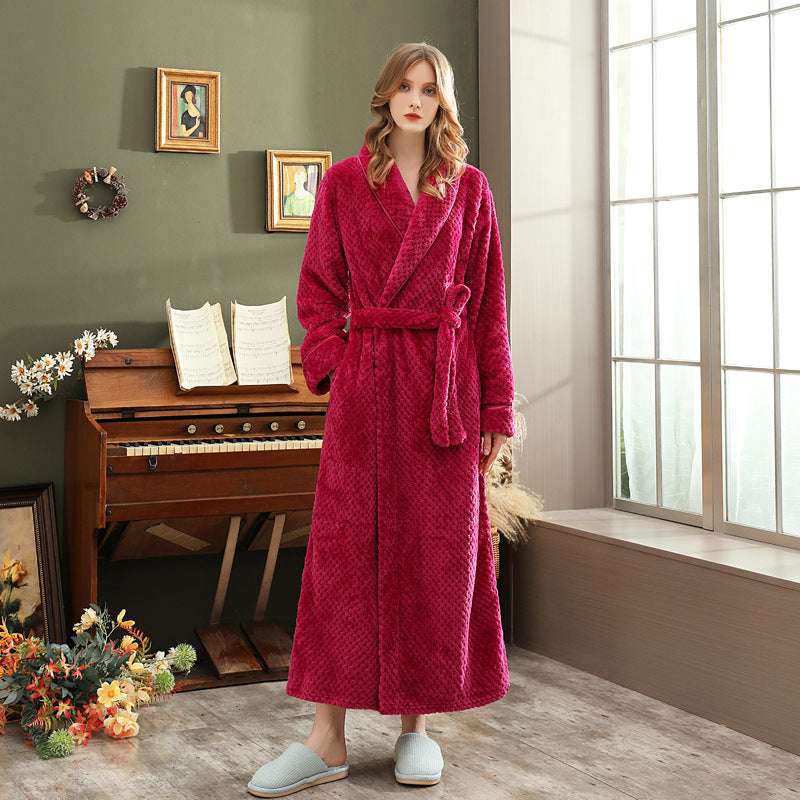 Autumn and winter extended thick couple bathrobe flannel waist cinched nightgown women's long sleepwear men's home clothes - BOSS MANGO