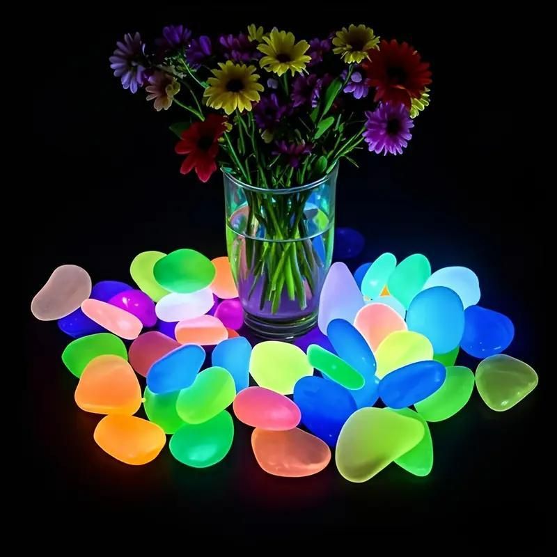 100pcs Artificial Mixed Color Glow Stones – Fluorescent Resin Pebbles for Home & Garden Décor 5399394959