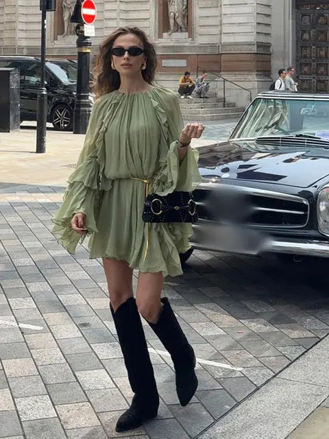 Elegant Green Ruffles Mini Dress For Women