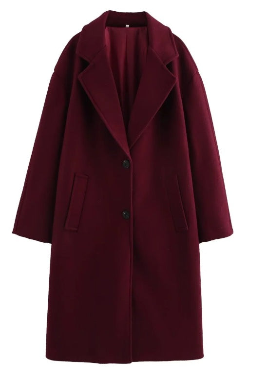 Flip collar long woolen coat jacket