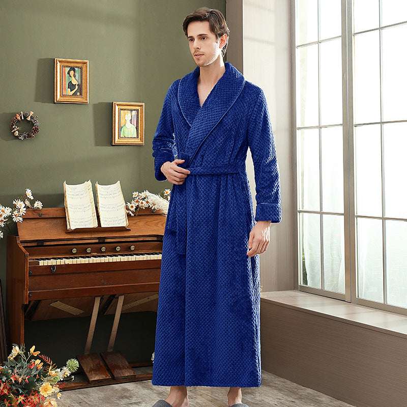 Autumn and winter extended thick couple bathrobe flannel waist cinched nightgown women's long sleepwear men's home clothes - BOSS MANGO