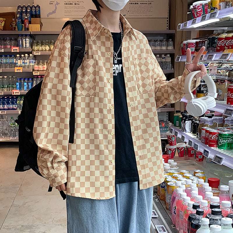 Checkerboard Men's Long-sleeved Spring Japanese Loose Coat Shirt