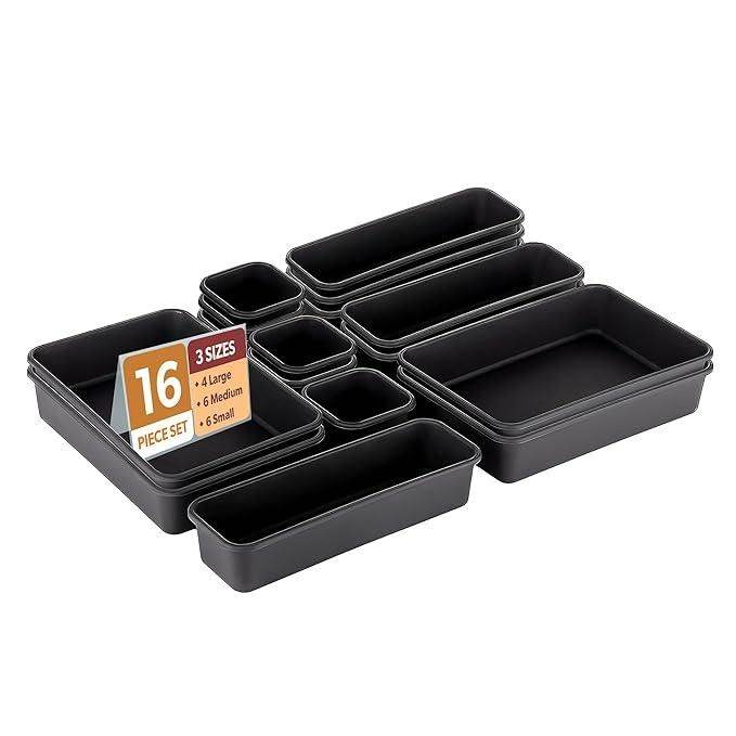 8-Piece Desk Drawer Organizer Set - Interlocking Storage Trays for Office, Kitchen &amp; Bathroom - Black Plastic Drawer Dividers &amp; Storage Bins 6209464482