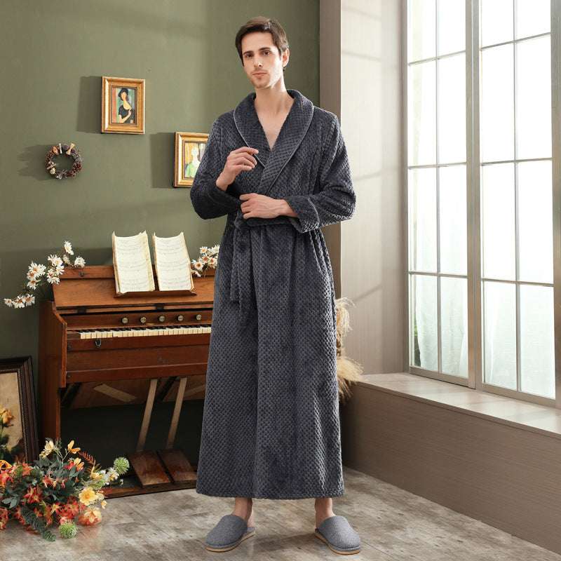 Autumn and winter extended thick couple bathrobe flannel waist cinched nightgown women's long sleepwear men's home clothes - BOSS MANGO