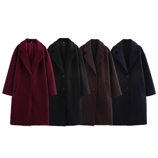 Flip collar long woolen coat jacket