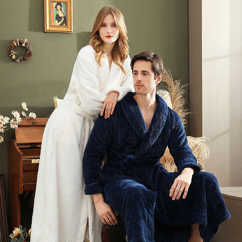 Autumn and winter extended thick couple bathrobe flannel waist cinched nightgown women's long sleepwear men's home clothes - BOSS MANGO