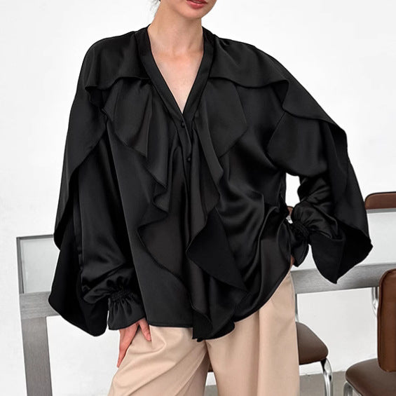 French V-neck ruffle side length sleeve top