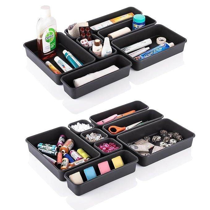 8-Piece Desk Drawer Organizer Set - Interlocking Storage Trays for Office, Kitchen &amp; Bathroom - Black Plastic Drawer Dividers &amp; Storage Bins 6643708007