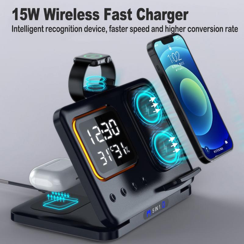 15W Wireless Chargers Stand 5 In1 LED Digital Alarm Clock Fast Charging Dock Station - BOSS MANGO