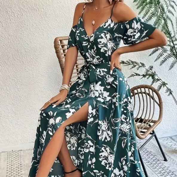 Flower Print Split Suspender Dress With Lace-up Design Summer Fashion Long Dresses Beach Clothing For Women - BOSS MANGO