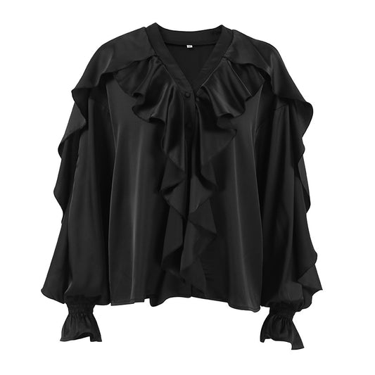 French V-neck ruffle side length sleeve top