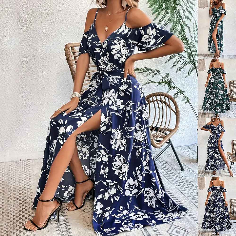 Flower Print Split Suspender Dress With Lace-up Design Summer Fashion Long Dresses Beach Clothing For Women - BOSS MANGO