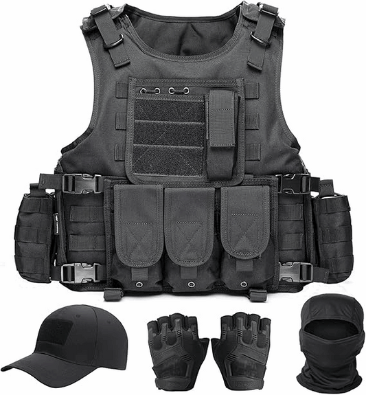 Tactical Vest for Men, Airsoft Vest, Black Molle Vest and Cap Protective Equipment, Tactical Airsoft Gear