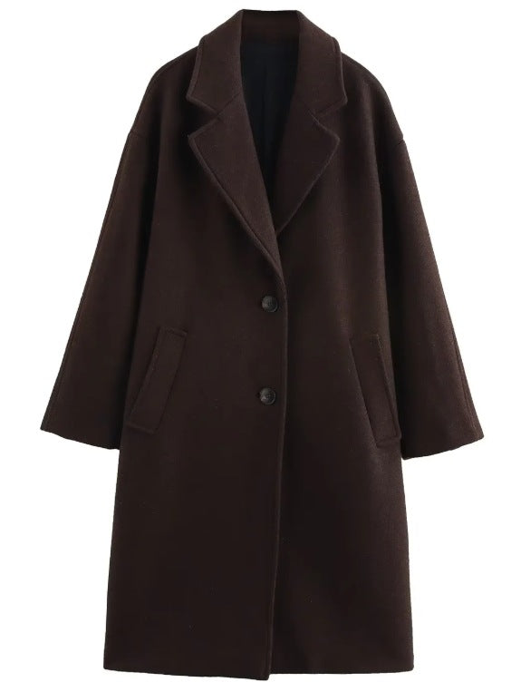 Flip collar long woolen coat jacket