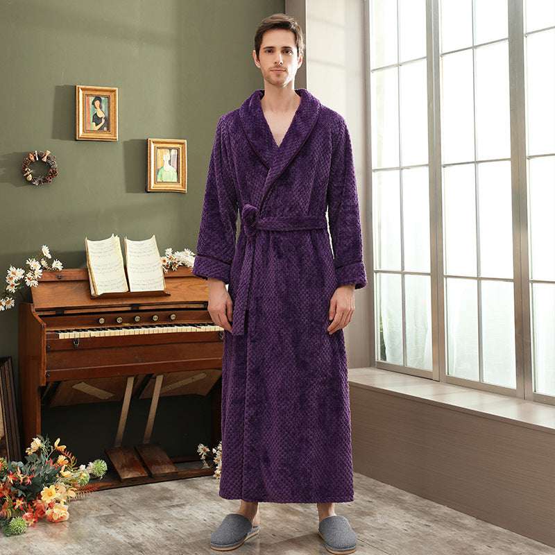 Autumn and winter extended thick couple bathrobe flannel waist cinched nightgown women's long sleepwear men's home clothes - BOSS MANGO