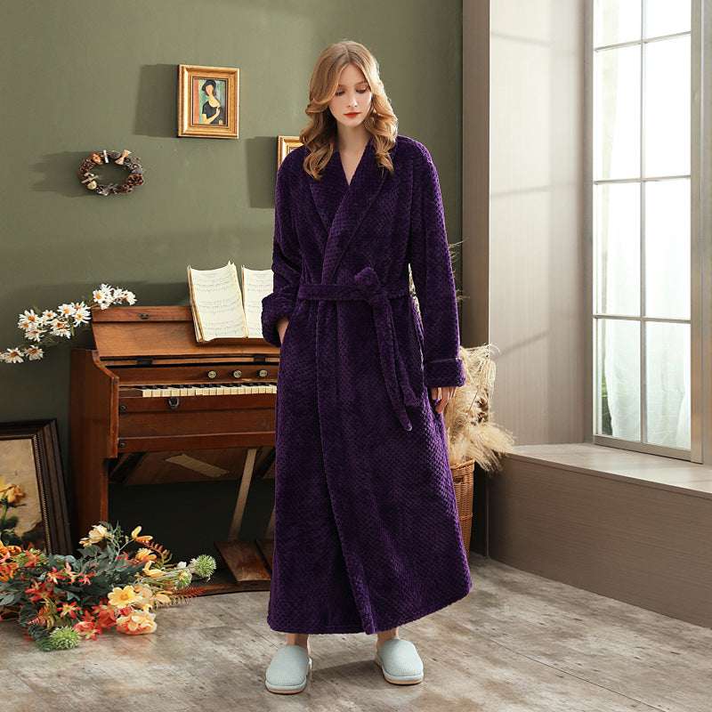 Autumn and winter extended thick couple bathrobe flannel waist cinched nightgown women's long sleepwear men's home clothes - BOSS MANGO